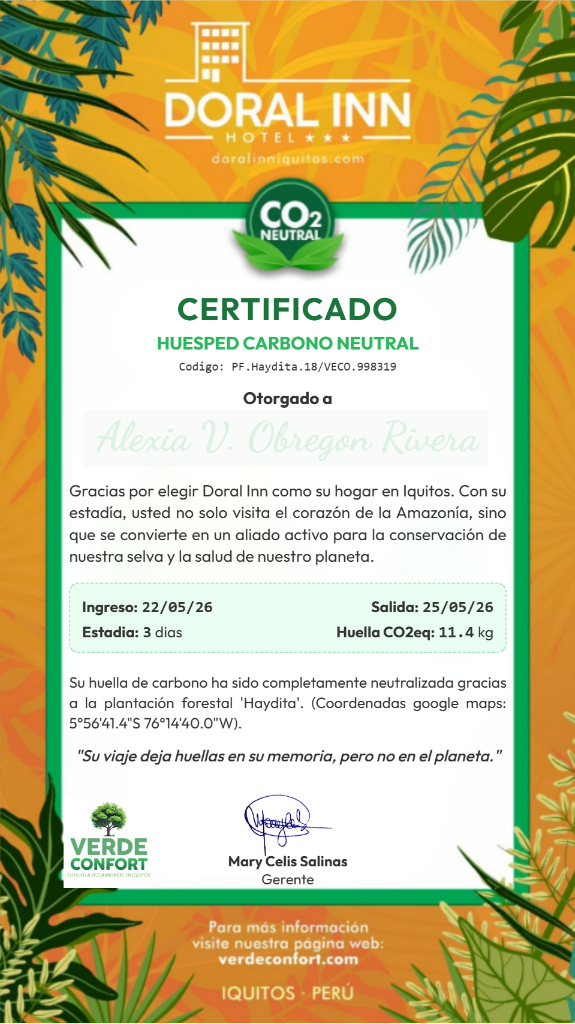 Certificado de Hu&eacute;sped Carbono Neutral de Ejemplo